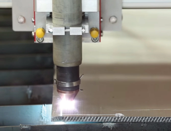 Swift-Cut cutting 8mm Aluminium at 65 amps close up of torch in action