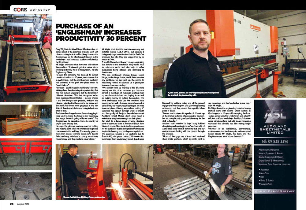 Auckland Sheet Metals Ltd Swift-Cut Pro CNC plasma cutting machine magazine article