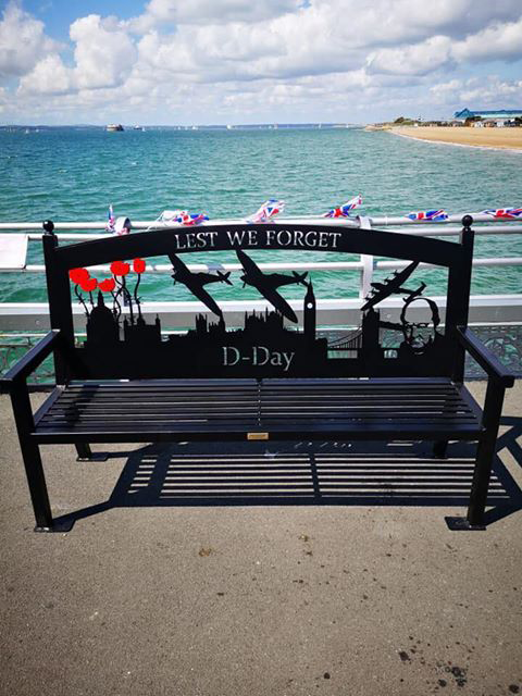 World War 2 war memorial bench in derby cut from metal cut on a Swift-Cut CNC plasma table with the sea in the background