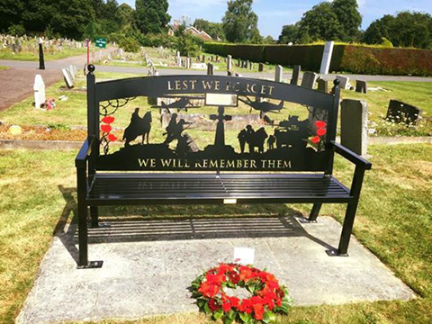 World War 2 war memorial bench in derby cut from metal cut on a Swift-Cut CNC plasma table in a derby grave yard