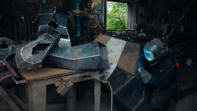 Nate from Nate's Forge welding sculpture pieces together, that he cut out of 3mm mild steel on our Swift-Cut Pro CNC Plasma machine, in his workshop in Scotland