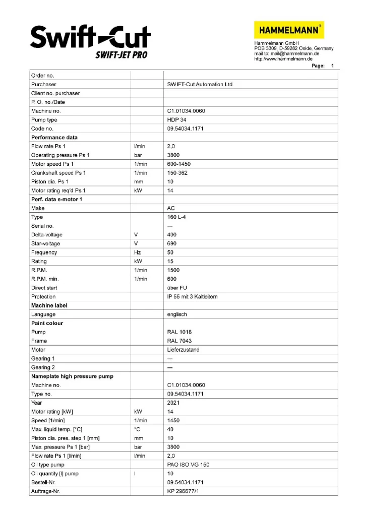 Hammelmann Direct Drive Pump technical spec