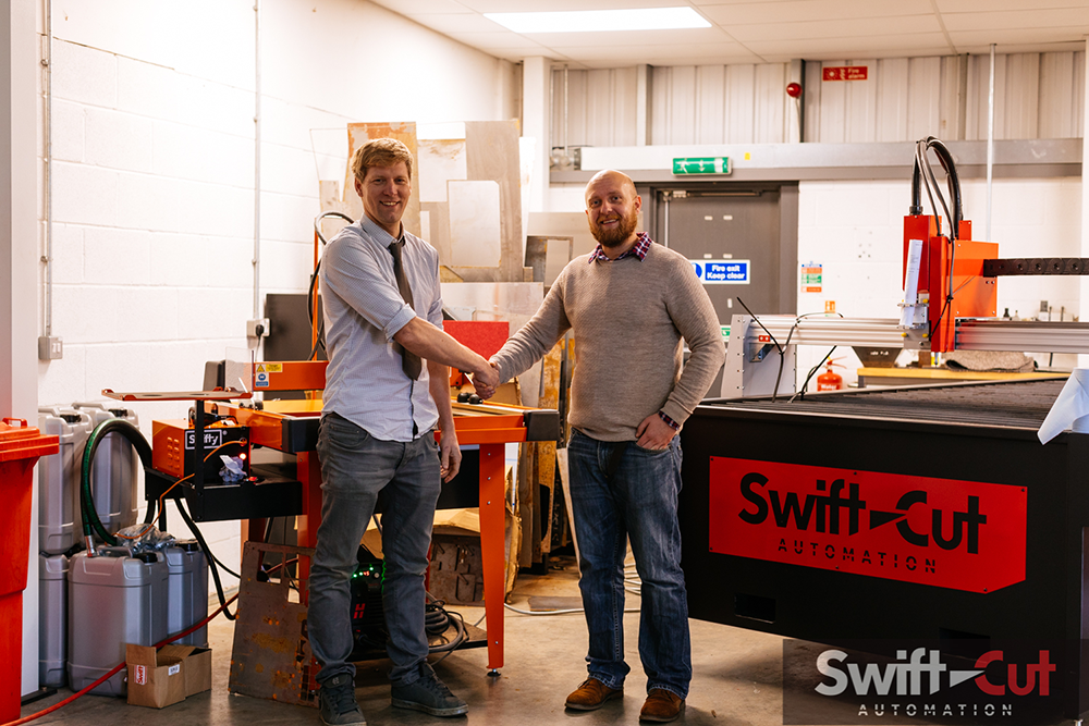 Colin Furze visiting Swift-Cut with Swift-Cut XP and Swifty in the background