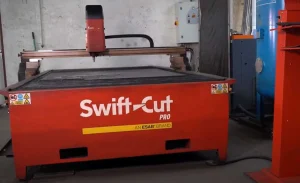 MSprojekt's Swift-Cut Pro 3000 CNC plasma cutting machine, paired with the Hypertherm Powermax105 plasma source and SigmaNEST CAD/CAM software.