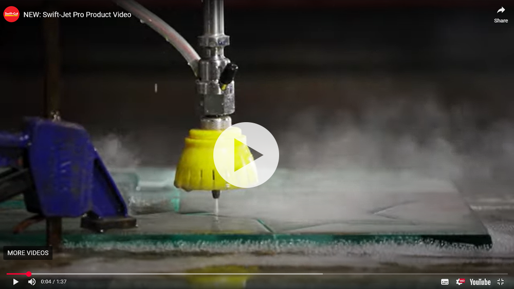 Swift-Jet Pro waterjet cutting machine close up of waterjet cutting head cutting glass