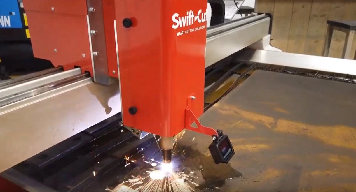 Swift-Cut Pro CNC plasma cutting table cutting out shapes on 10mm mild steel sheet metal